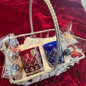 Elegant Red and Blue Crystal Glass Set in Basket